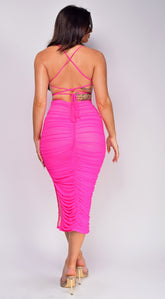 Keilana Mesh Ruched Midi Dress - Pink